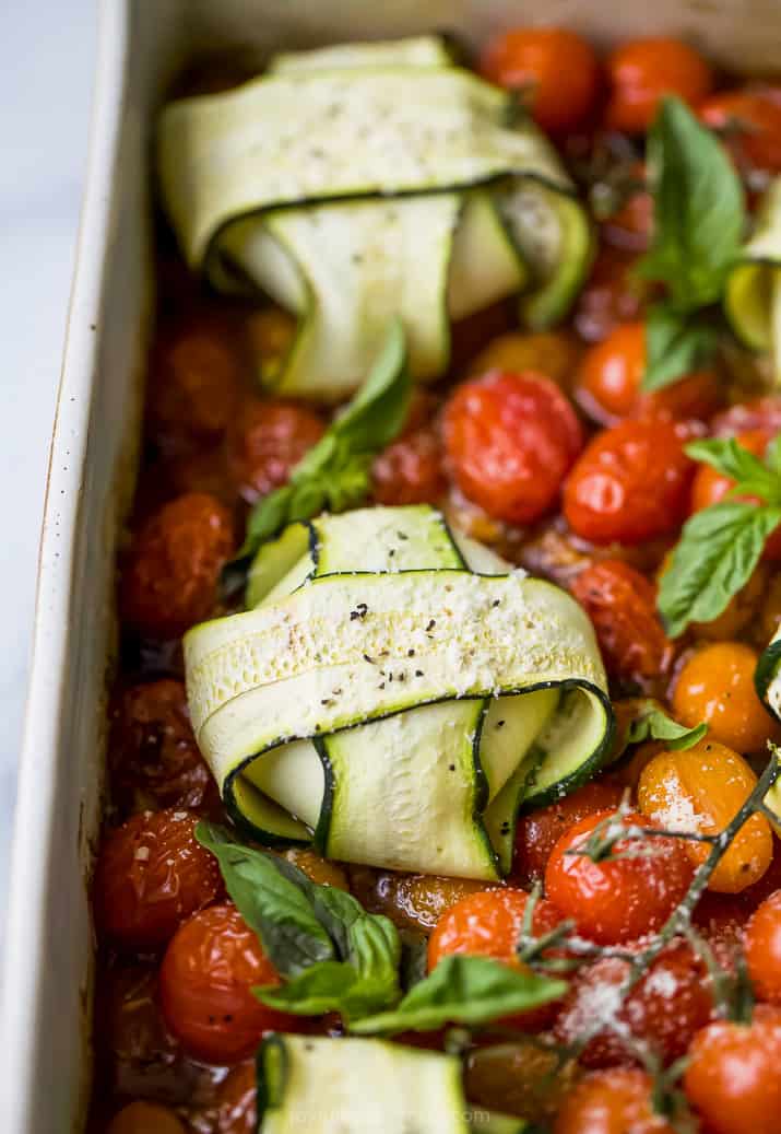 closeup photo of cheese zucchini ravioli in roasted tomato sauce