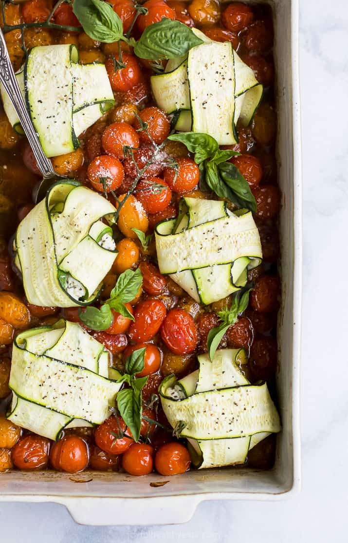 overhead photo of cheese zucchini ravioli in roasted tomato sauce