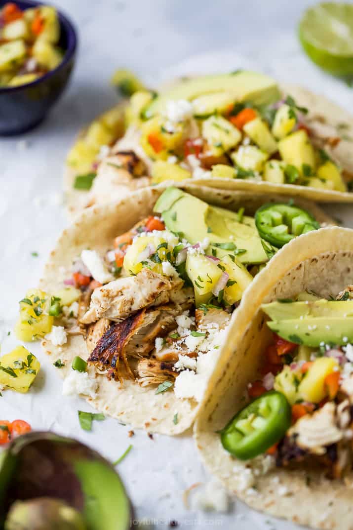 photo of easy chipotle chicken tacos with pineapple salsa