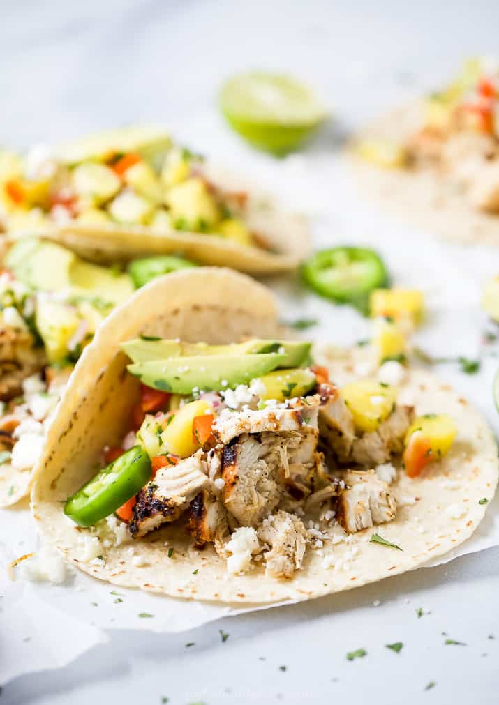 side photo of easy chipotle chicken tacos with pineapple salsa