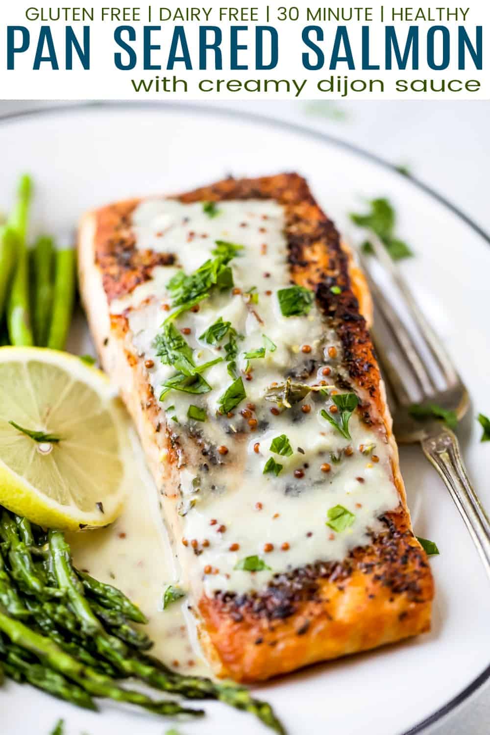 pinterest image for pan seared salmon with creamy dijon sauce