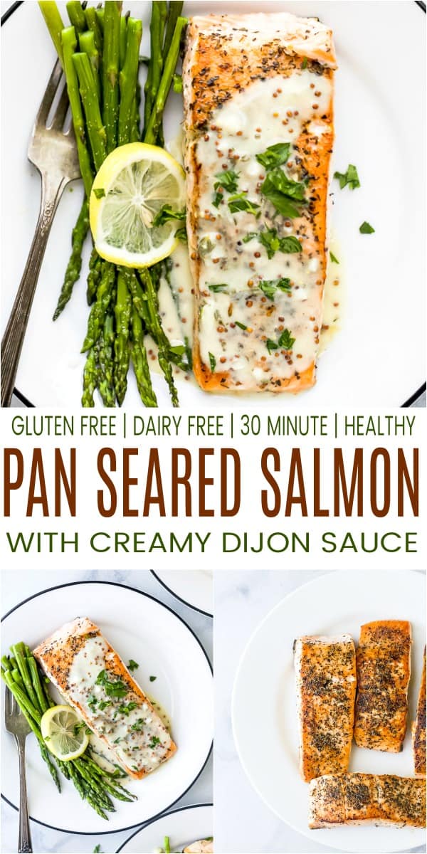 pinterest image for pan seared salmon with creamy dijon sauce