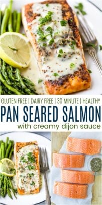 pinterest image for pan seared salmon with creamy dijon sauce