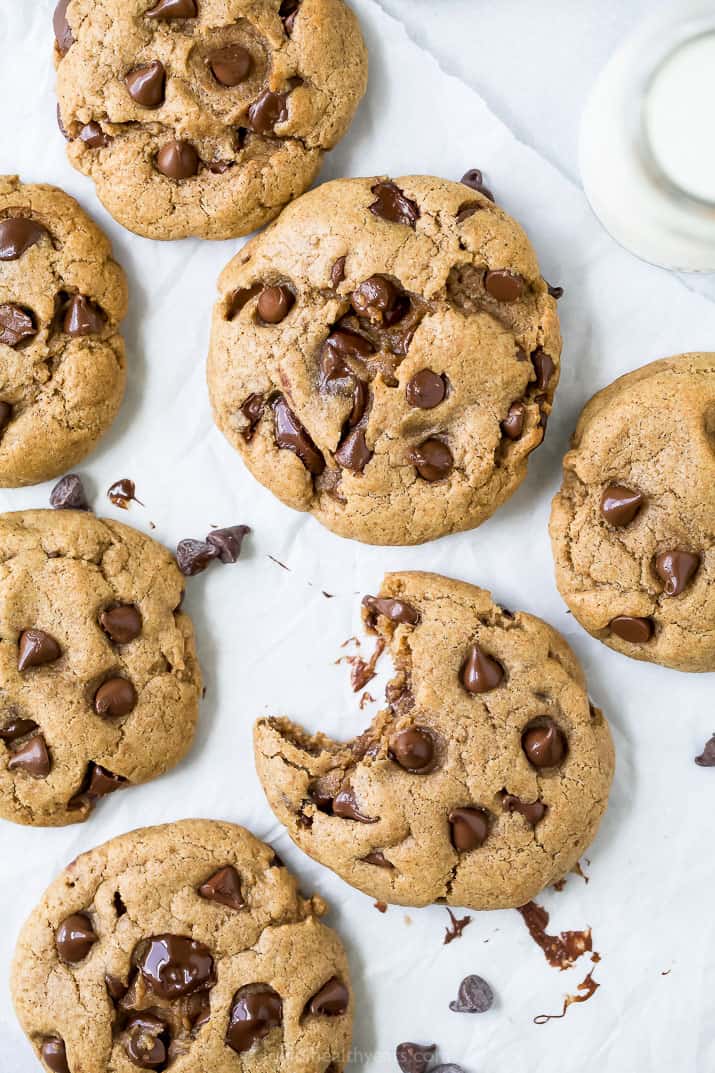 overhead photo of vegan chocolate chip cookies