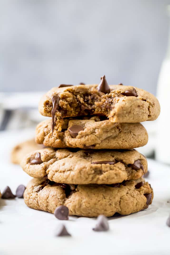 a stack of vegan chocolate chip cookies piled on each other