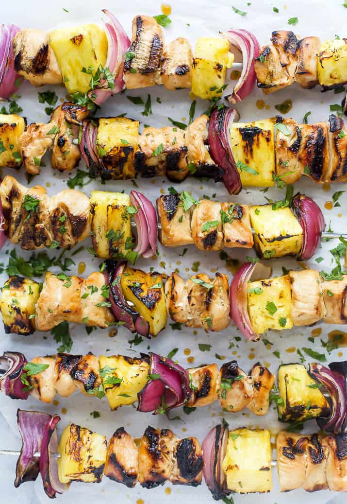 overhead photo of the perfect grilled pineapple chicken kabobs