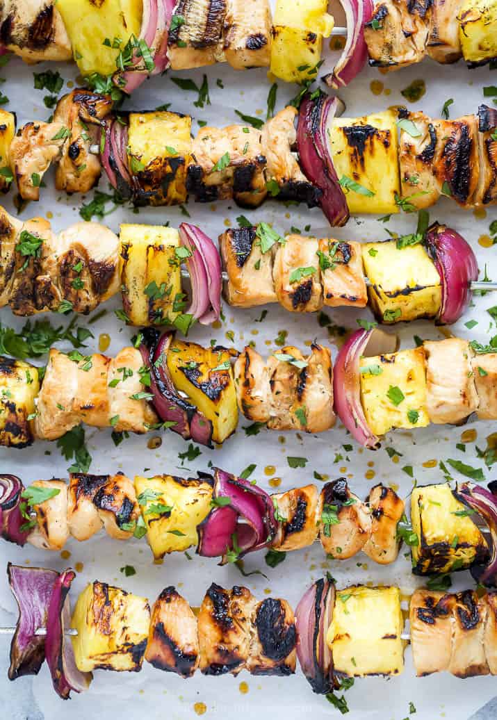 overhead photo of the perfect grilled pineapple chicken kabobs