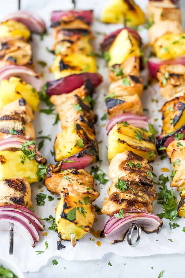 close up side photo of the perfect grilled pineapple chicken kabobs