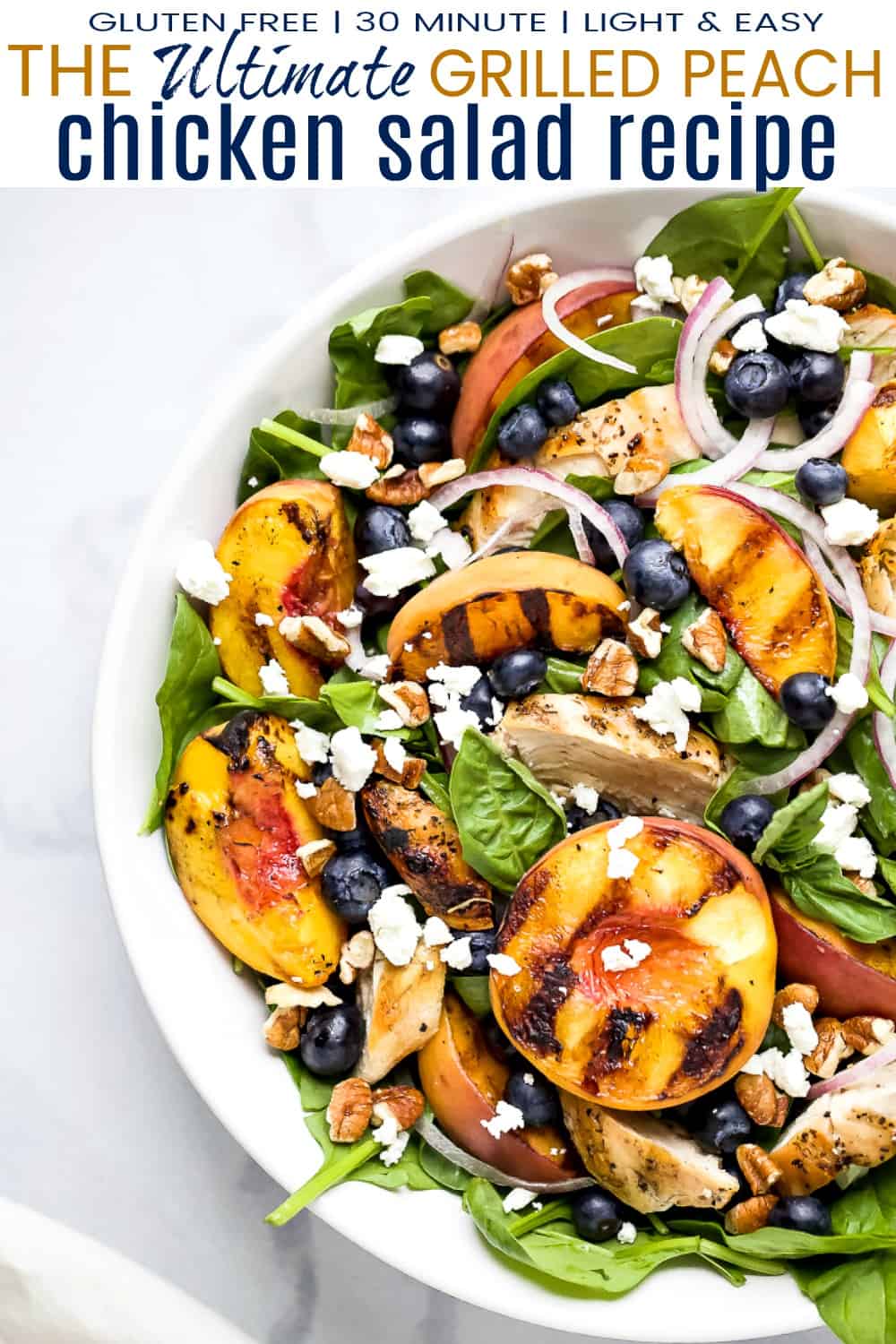 pinterest image for grilled peach chicken salad