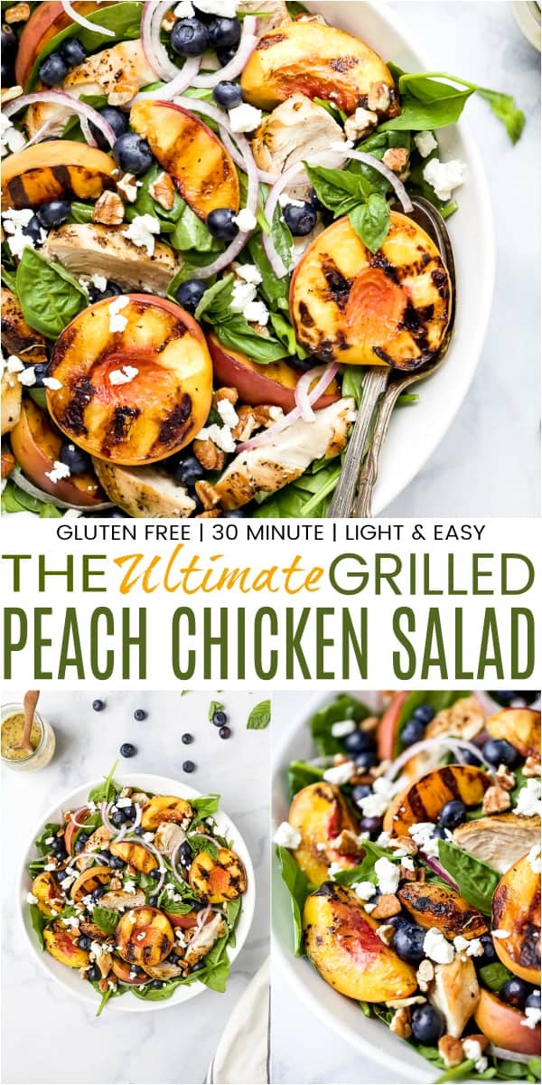 pinterest image for grilled peach chicken salad