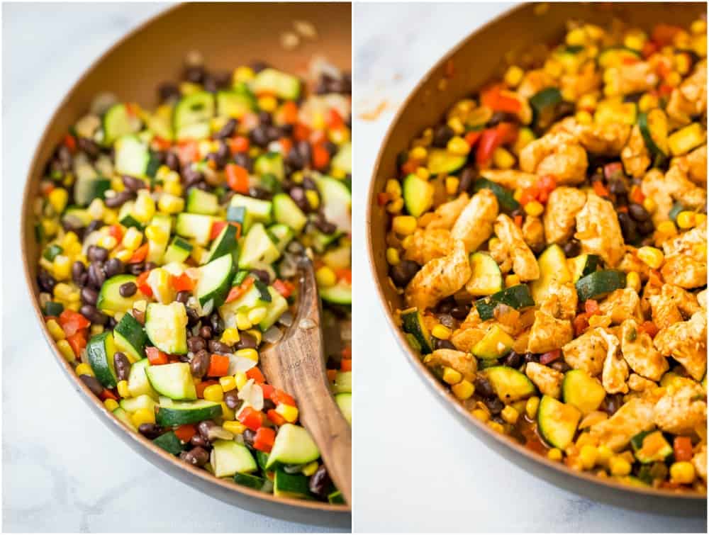 Side by side images showing the proccess of sautéeing the vegetables in a skillet, then adding the chicken and enchilada sauce.
