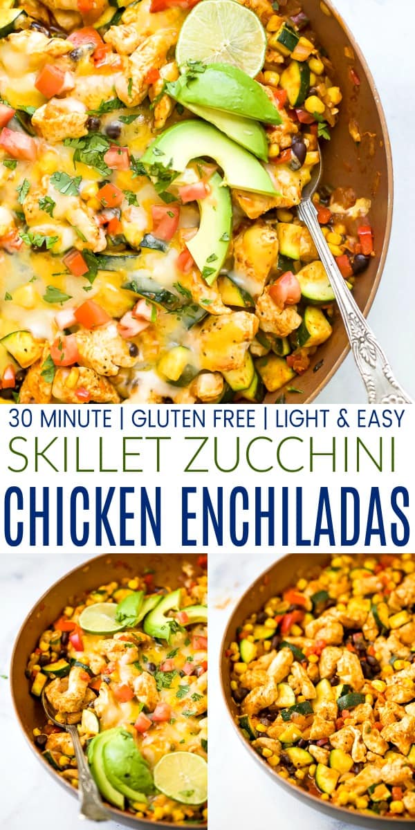 pinterest image for 30 minute zucchini chicken enchilada skillet