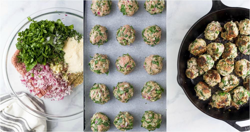 process photos of cheesy keto turkey meatballs