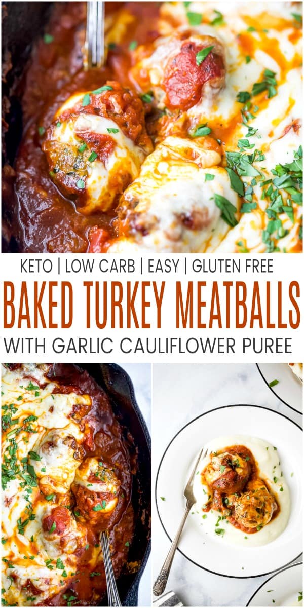 pinterest image for cheesy keto turkey meatballs with cauliflower puree