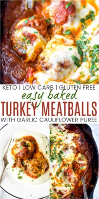 pinterest image for cheesy keto turkey meatballs with cauliflower puree