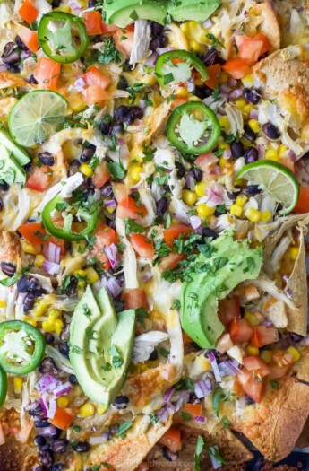 overhead photo of easy 20 minute sheet pan chicken nachos