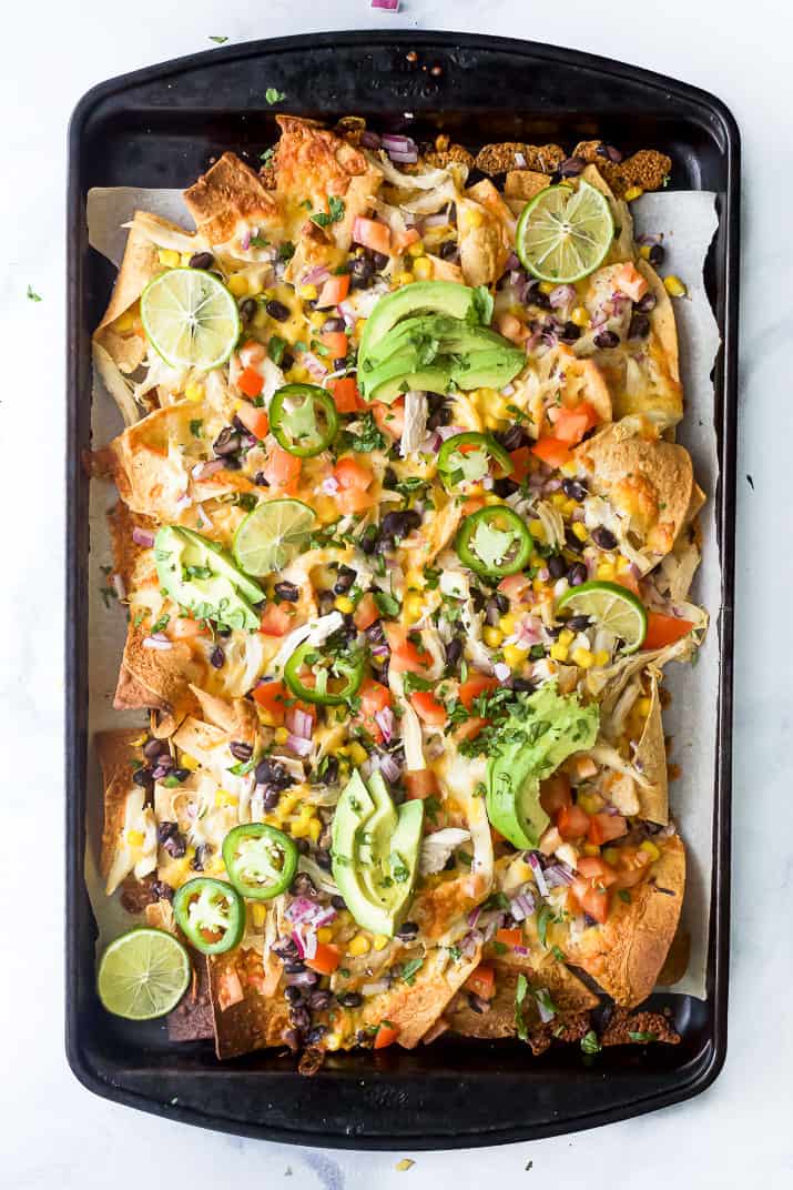 overhead photo of easy 20 minute sheet pan chicken nachos