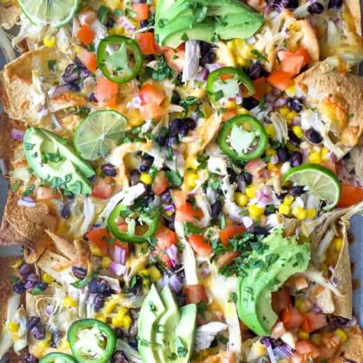 overhead photo of easy 20 minute sheet pan chicken nachos