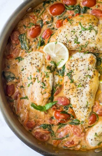 overhead photo of 30 minute creamy tuscan chicken