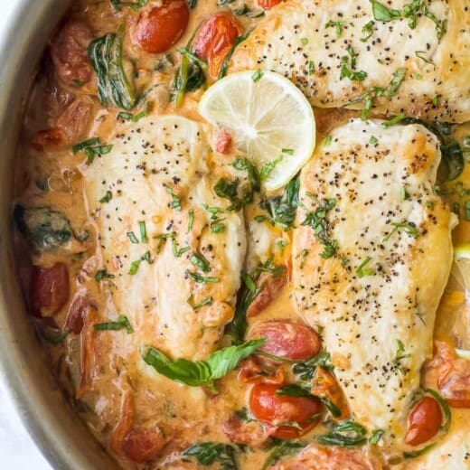 overhead photo of 30 minute creamy tuscan chicken
