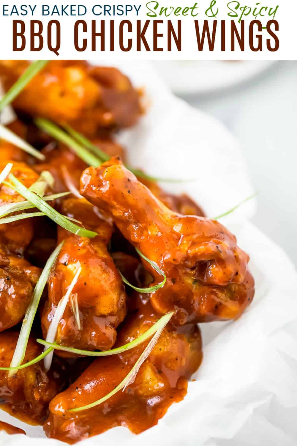 pinterest image for easy baked sweet and spicy bbq chicken wings