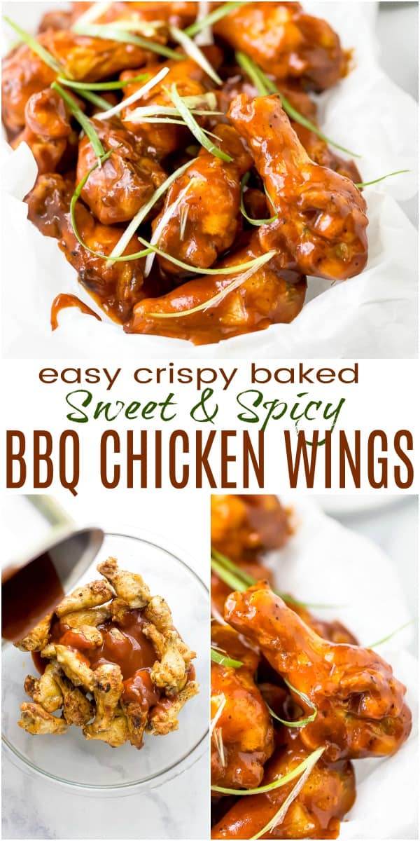 pinterest image for easy baked sweet and spicy bbq chicken wings
