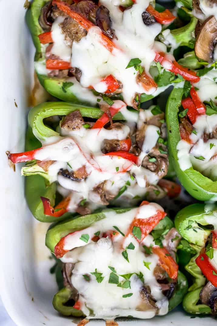 easy keto philly cheesesteak stuffed peppers in a baking dish