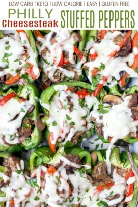 pinterest image for easy keto philly cheesesteak stuffed peppers