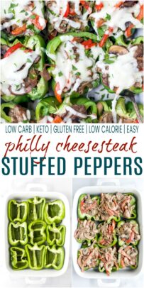 pinterest image for easy keto philly cheesesteak stuffed peppers