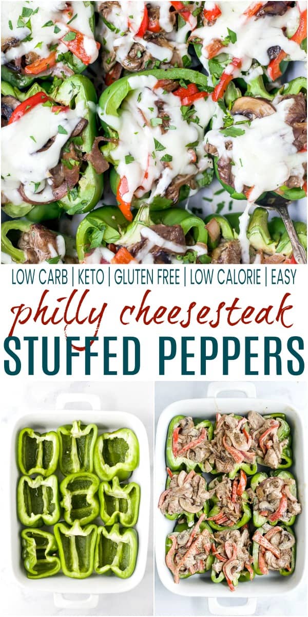 Recipe collage for philly cheesesteak stuffed peppers