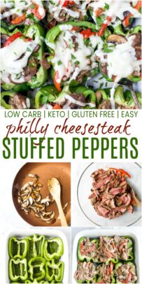 pinterest image for easy keto philly cheesesteak stuffed peppers