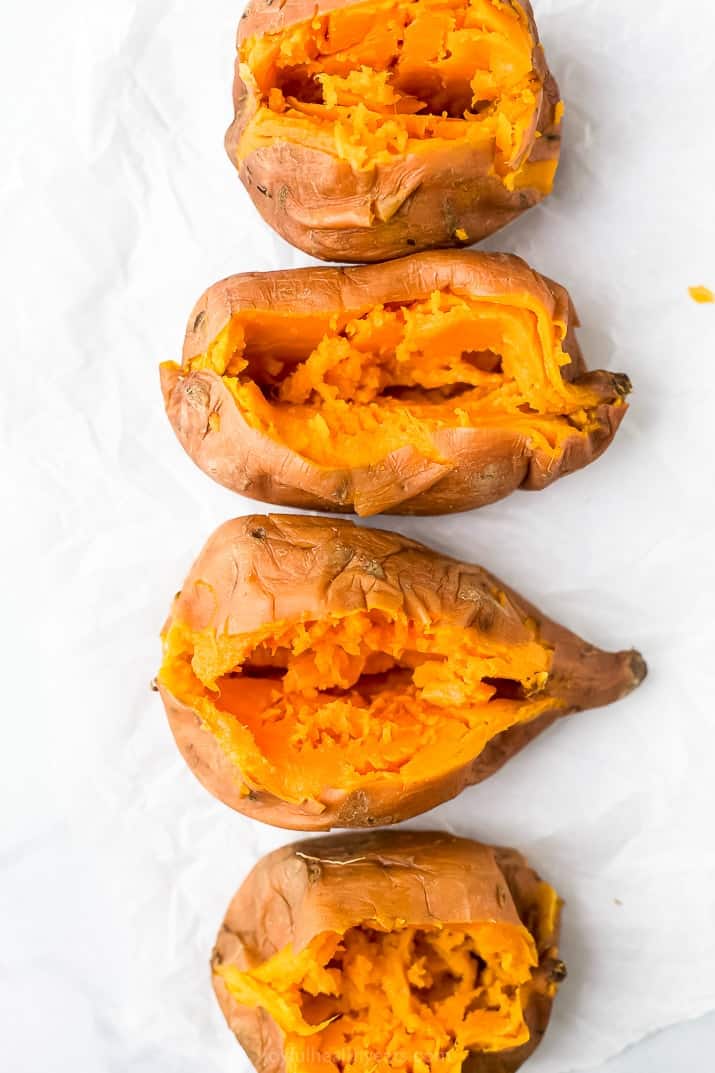 cooked sweet potatoes cut open