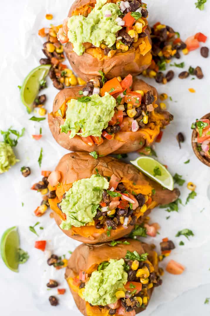 overhead photo easy vegan black bean stuffed sweet potatoes