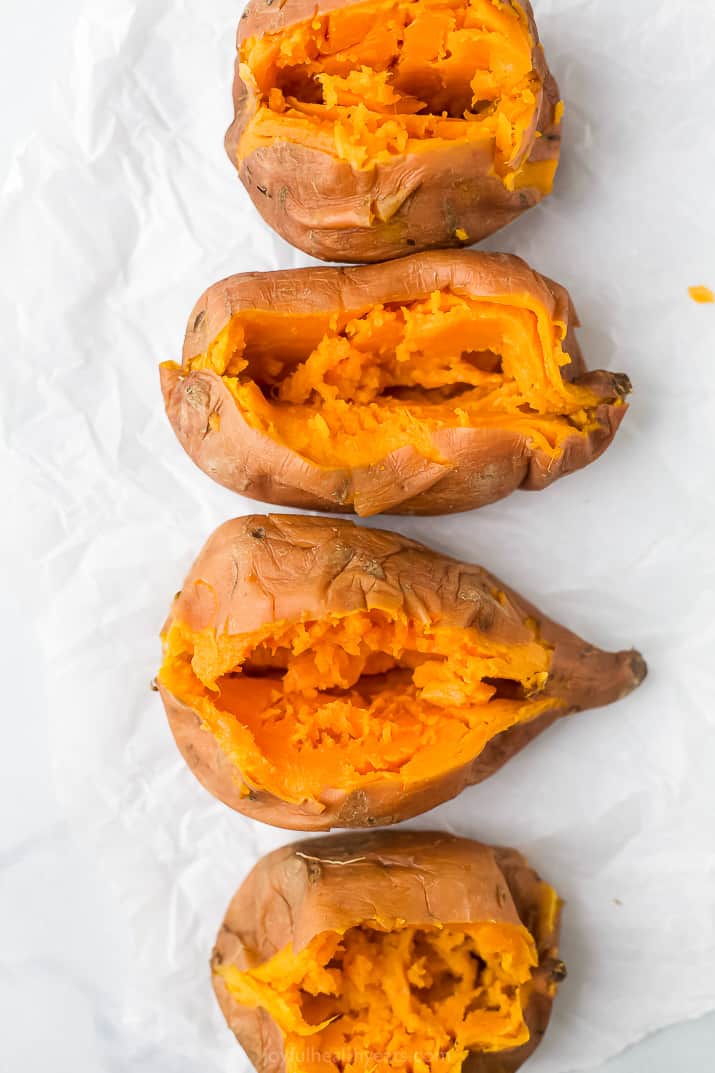 Closeup overhead photo of sweet potatoes cooked in the instant pot.