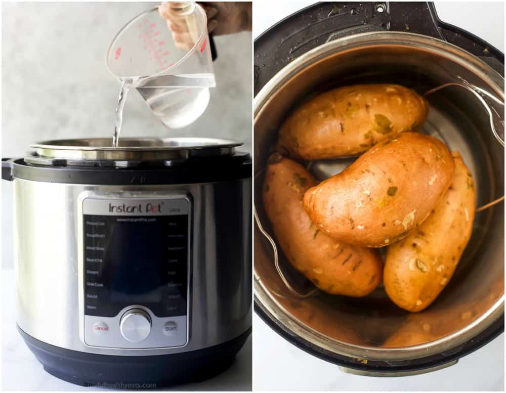 Process photos of how to make instant pot sweet potatoes.