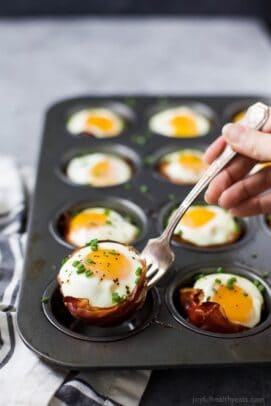 proscuitto baked egg cups in a muffin tin