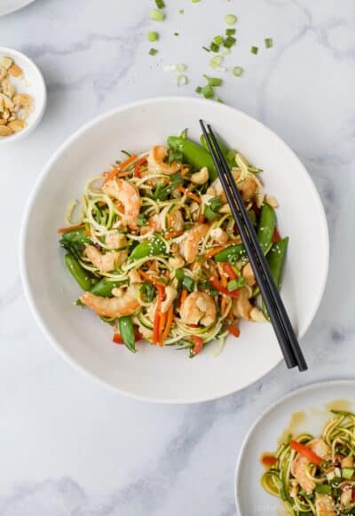 shrimp stir fry with zucchini noodles on a plate
