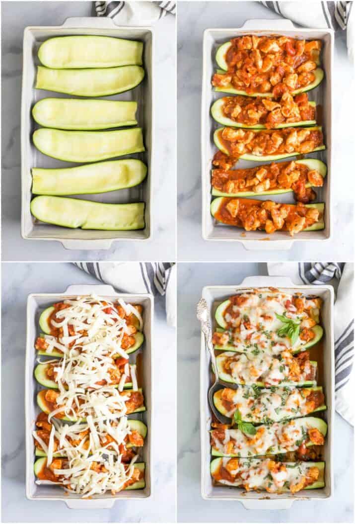 process photos of the best easy chicken parmesan zucchini boats