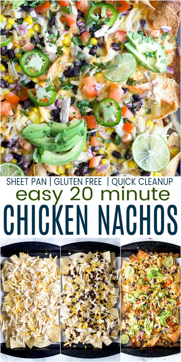 pinterest image for easy 20 minute sheet pan chicken nachos