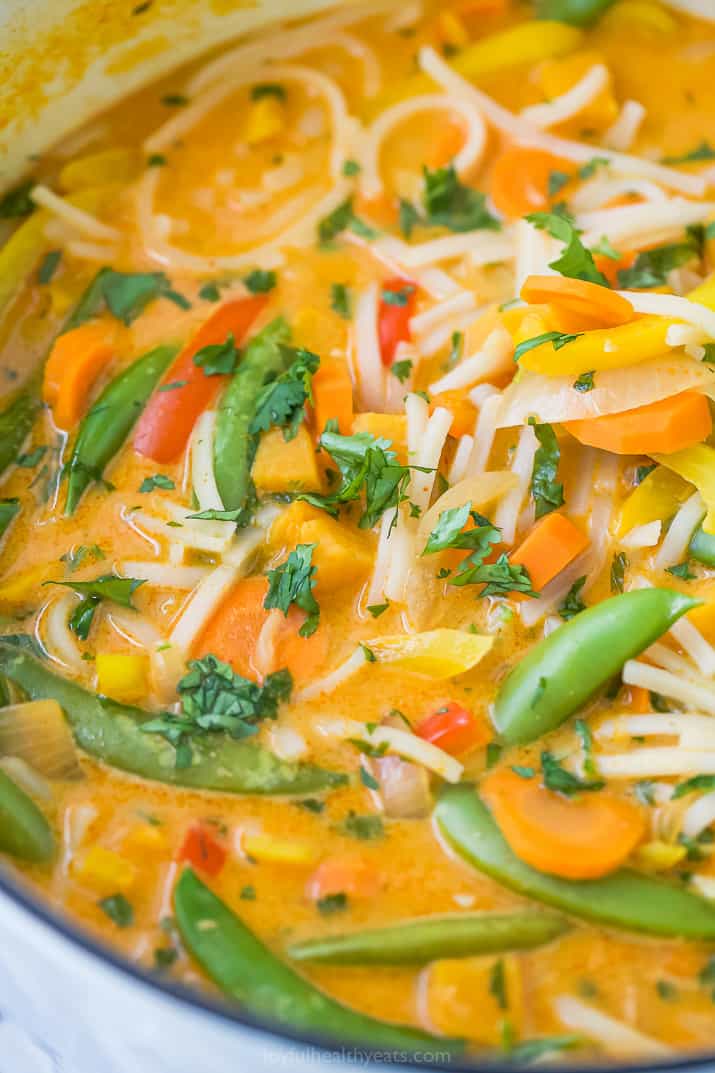 close up photo of easy 30 minute vegetable thai noodle soup