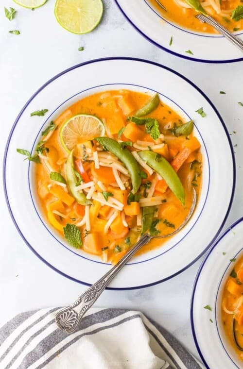 Thai noodle soup in a bowl with spoon.
