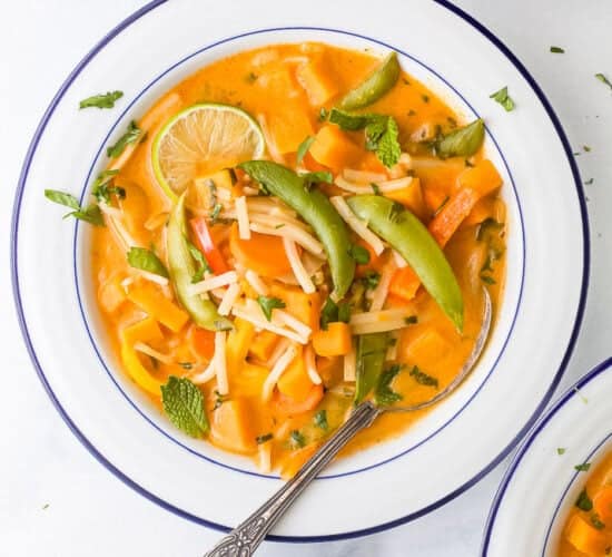 overhead photo of 30 minute vegetable thai noodle soup in a bowl
