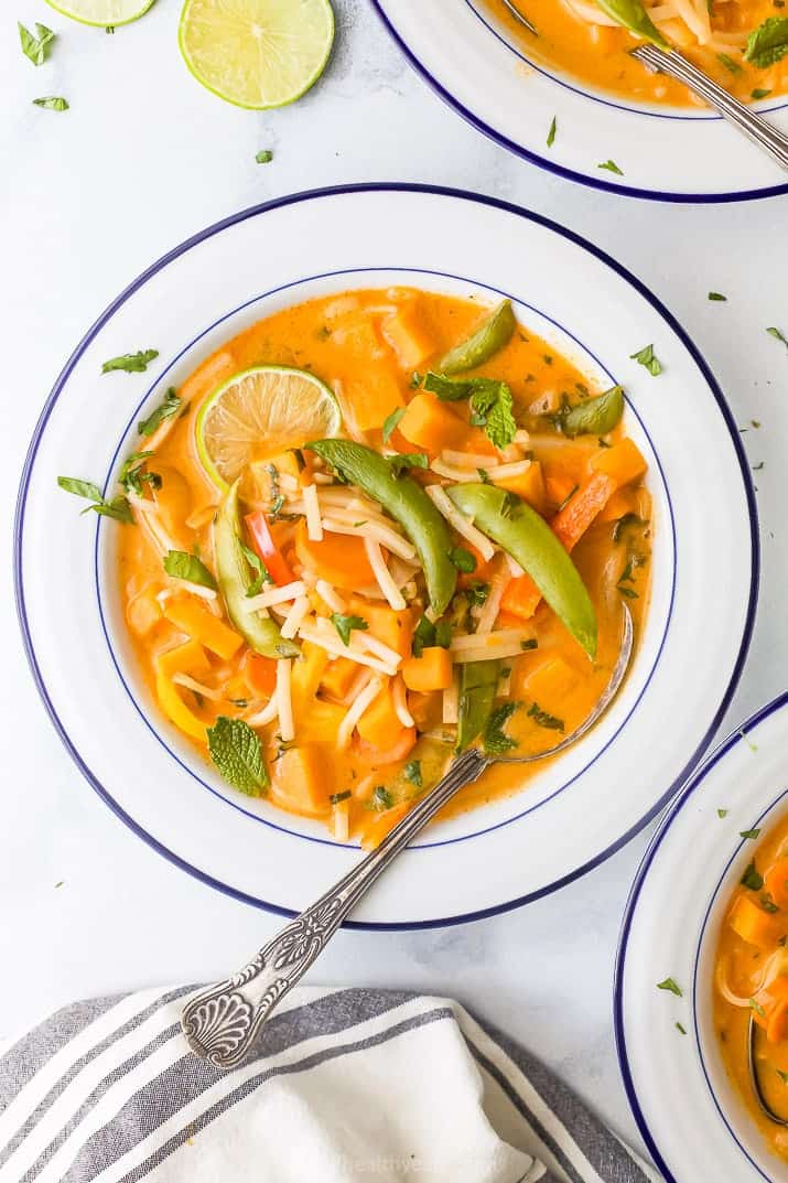 overhead photo of 30 minute vegetable thai noodle soup in a bowl