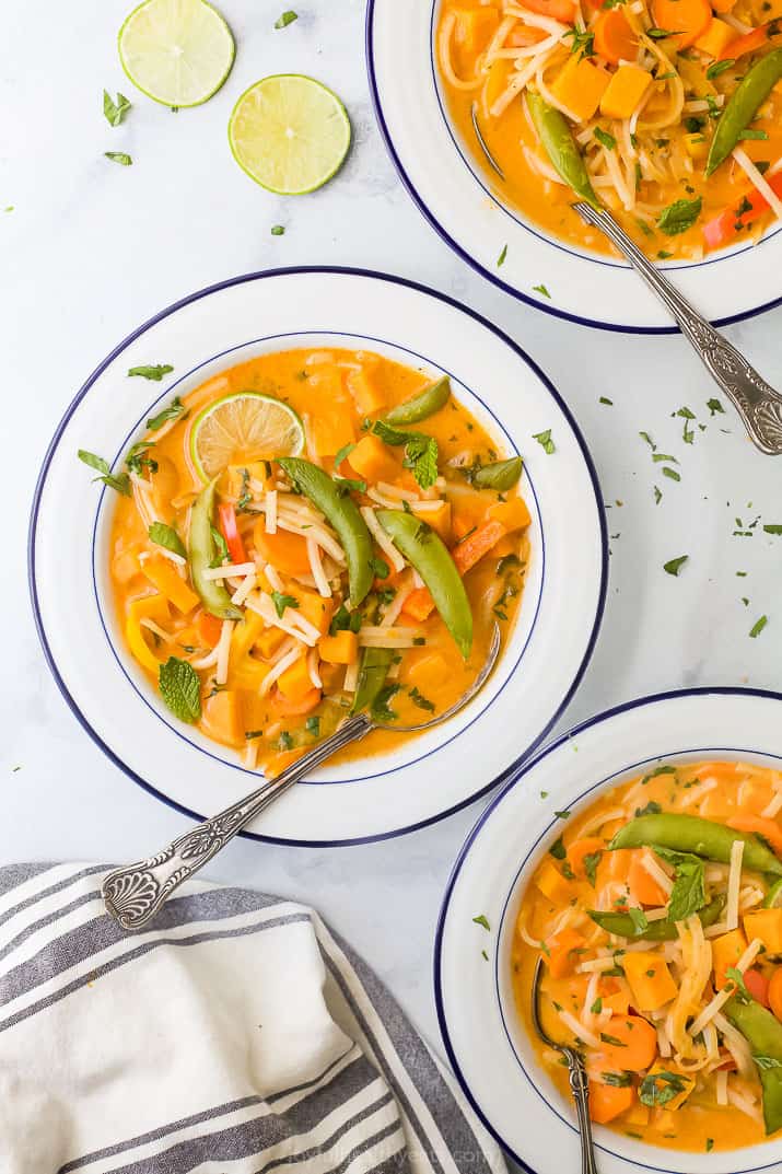 easy 30 minute vegetable thai noodle soup in bowls