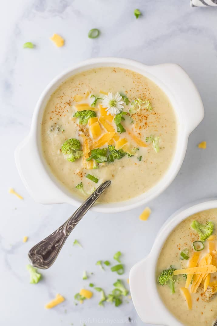 overhead photo of easy crockpot broccoli cheese soup