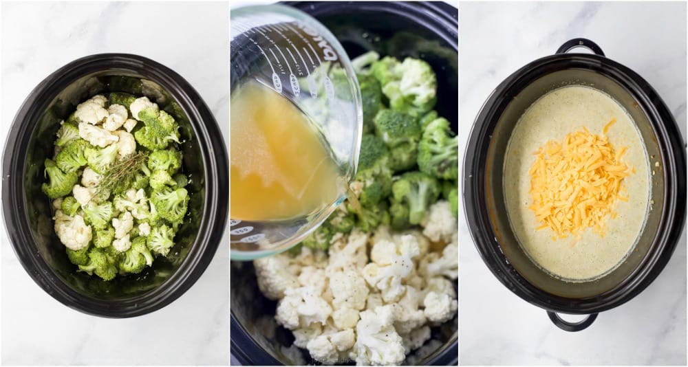 process photos of how to make easy crockpot broccoli cheese soup