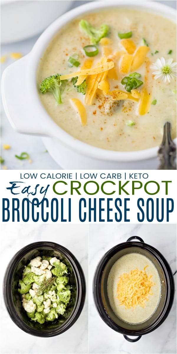 pinterest image for easy crockpot broccoli cheese soup