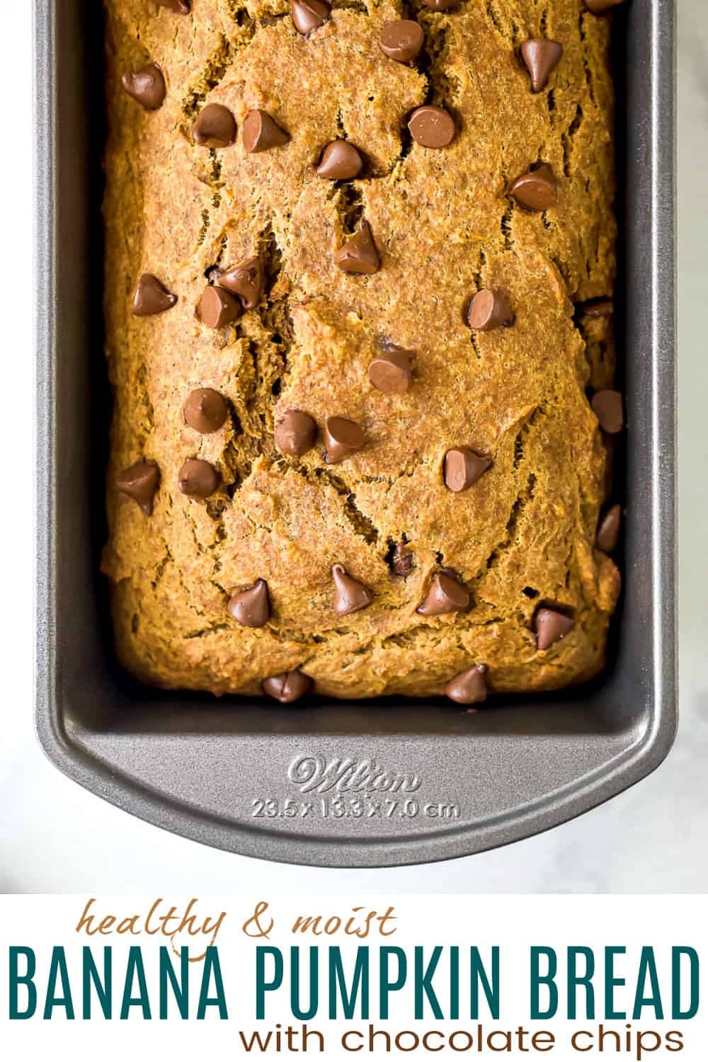 pinterest photo for healthy banana pumpkin bread with chocolate chips