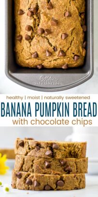 pinterest photo of healthy banana pumpkin bread with chocolate chips