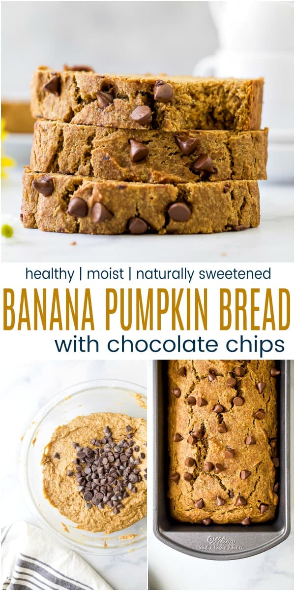 pinterest photo for healthy banana pumpkin bread with chocolate chips